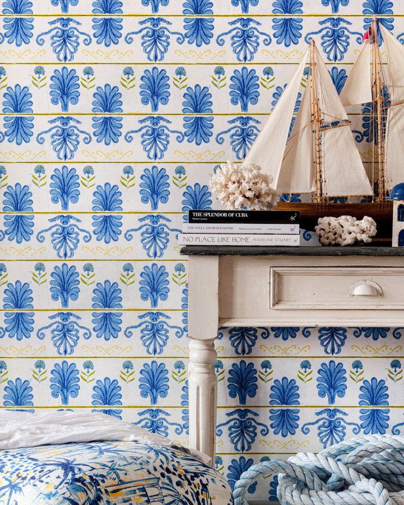 Mind The Gap Wallpaper MYKONOS VILLA MOTIF White Sand Wallpaper (WP30043) | WP30043 | SUNDANCE VILLA | 1 roll x 20.5 x 393.7 in | 0.52m / 20.5in | 10m / 393.7in | 5.20mp | 56.5cm / 22.2in | Blue, White, Yellow | Satin Matte | Paste the wall | 1-roll in a box | Fabric Carolina | https://www.fabriccarolina.com/