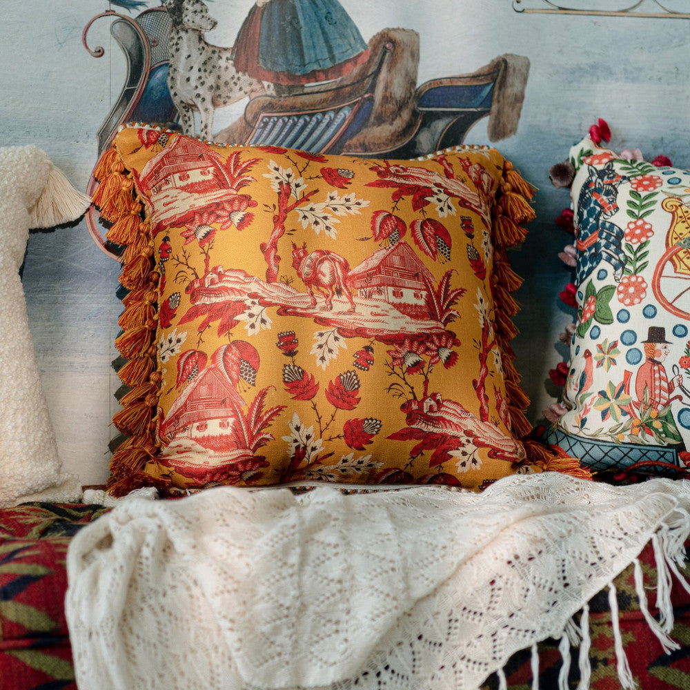 Namlos Cushion by Mind the Gap Designer Pillow TYROL APRES-SKI HOME COLLECTION 100% Linen, printed and stonewashed Made in Romania Crochet piped edge and fringes 20 x 20 in - Swanky Fabrics -