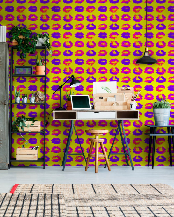 Mind The Gap Wallpaper NEON KISS Wallpaper (WP20381) | WP20381 | THE WALLPAPER COLLECTABLES | 3 rolls x 20.5 x 118.1 in | 0.52m / 20.5in | 3m / 118in | 4.65mp | 60cm / 23.6in | Magenta, Purple, Yellow | Satin Matte | Paste the wall | 3-rolls in a box | Fabric Carolina | https://www.fabriccarolina.com/