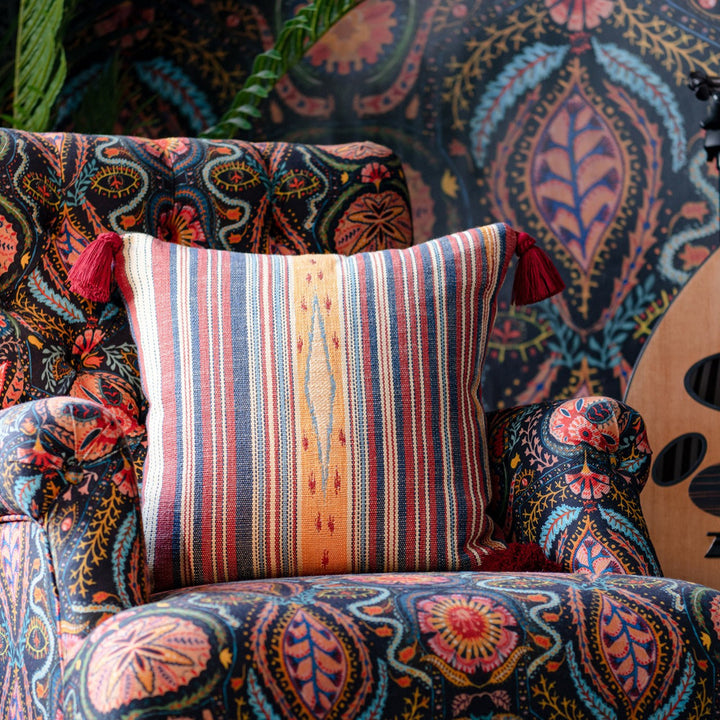 Mind The Gap Pillows NEYSHABOUR Cushion (LC40169) | LC40169 | WOODSTOCK '69 LIFESTYLE COLLECTION | 20 x 20 in | Blue, Red, Yellow | Fabric Carolina | https://www.fabriccarolina.com/