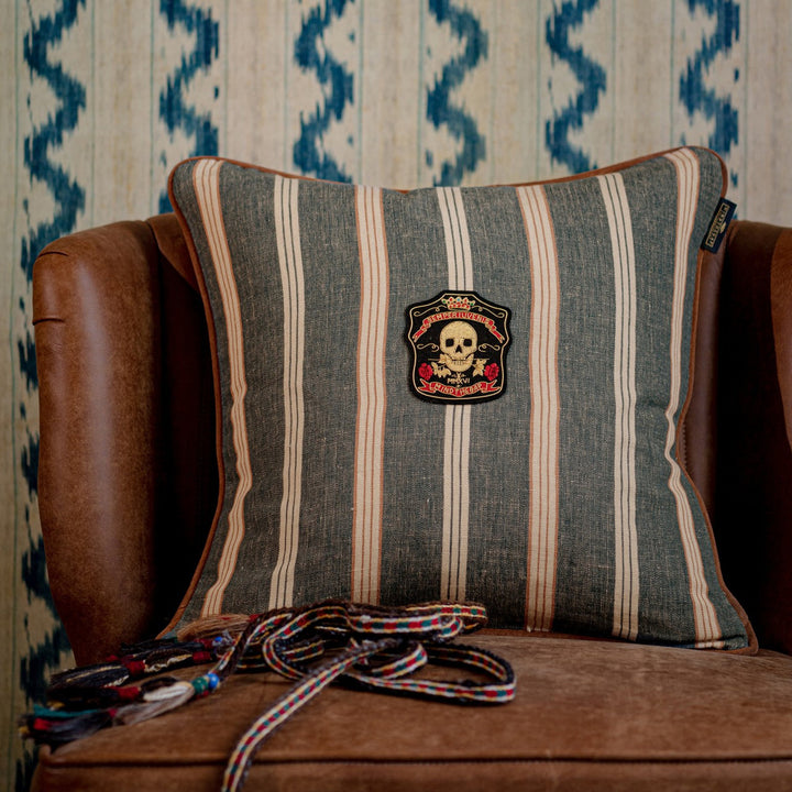 Oregon Stripes Denim Washed Cushion by Mind the Gap Designer Pillow WOODSTOCK '69 LIFESTYLE COLLECTION 100% Linen, printed and stonewashed Made in Romania Leather piped edge 20 x 20 in - Swanky Fabrics -