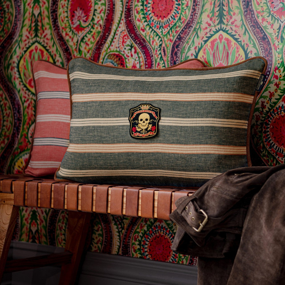 Oregon Stripes Denim Washed Cushion by Mind the Gap Designer Pillow WOODSTOCK '69 LIFESTYLE COLLECTION 100% Linen, printed and stonewashed Made in Romania Leather piped edge 23,6 x 15,8 in - Swanky Fabrics -