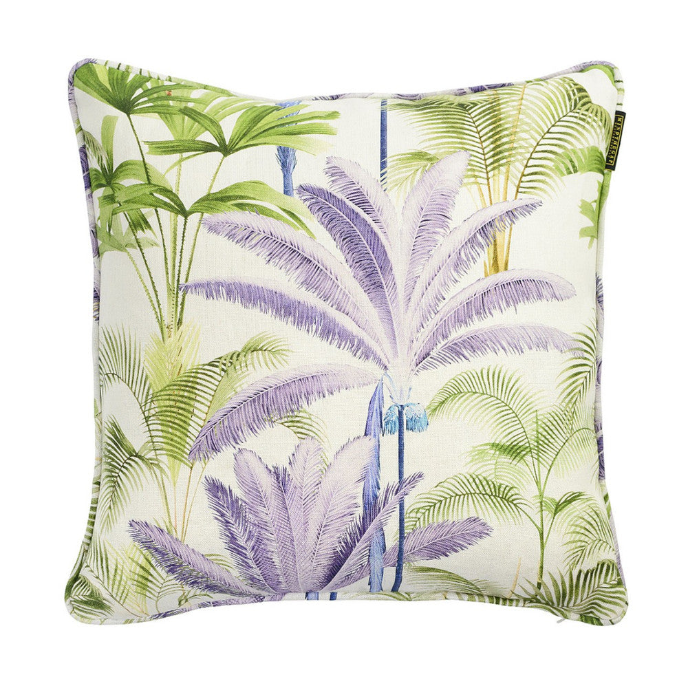 Palmeras / Frost Grey Linen Cushion by Mind the Gap Designer Pillow TROPICAL MOOD 100% Linen Made in United Kingdom Printed trimming 20 x 20 in - Swanky Fabrics -