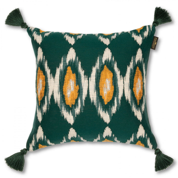 Pradesh Ikat Cushion by Mind the Gap Designer Pillow WOODSTOCK '69 LIFESTYLE COLLECTION 58% Cotton, 19% Viscose, 17% Polyamide, 6% Linen Made in Romania Green tassels 20 x 20 in - Swanky Fabrics -
