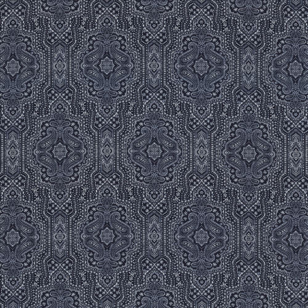Purana Paisley Indigo by Kasmir Designer Fabric 5115 100% Cotton
 USA 15,000 Wyzenbeek Double Rubs </p><p>Repeat: Horizontal: 13 4/8 inches and Vertical: 25 2/8 inches 54 - Swanky Fabrics -