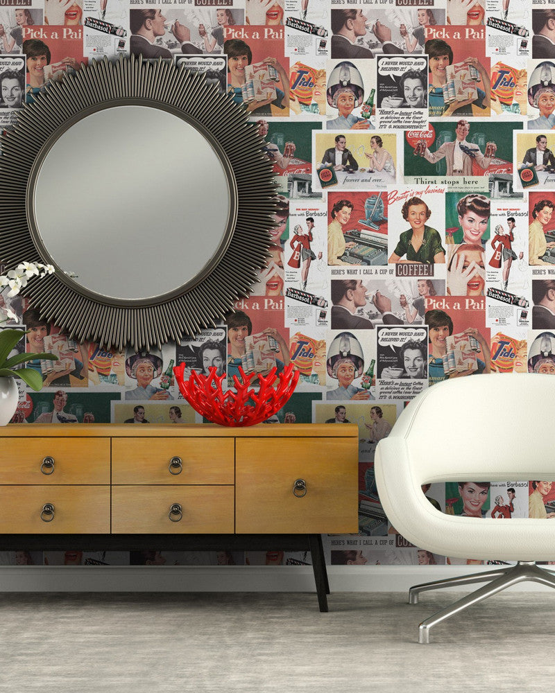 Retro Ads Premium Wallpaper by Mind the Gap Designer Wallpaper WALLPAPER DESIGNER COLLECTION Non-woven Made in Europe Paste the wall 3 rolls x 20.5 x 3.25 yards - Swanky Fabrics -
