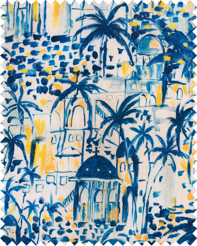 Rhodes Fabric by Mind the Gap Designer Fabric SUNDANCE VILLA 100% Cotton, printed and stonewashed Made in United Kingdom W 69cm x L 66cm / W 27.1in x L 25.9in 55.1in - Swanky Fabrics -