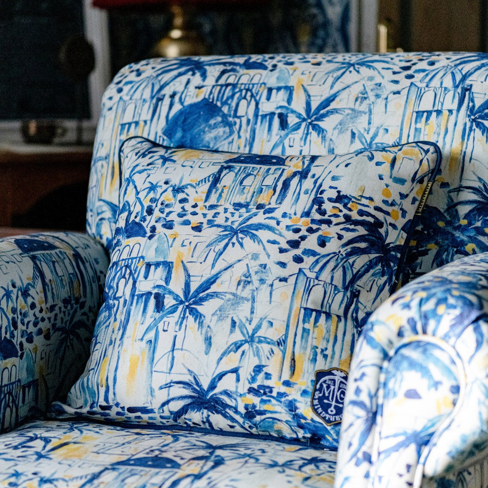 Rhodes Cushion by Mind the Gap Designer Pillow SUNDANCE VILLA 100% Cotton, printed and stonewashed Made in Romania Indigo piping 20 x 20 in - Swanky Fabrics -