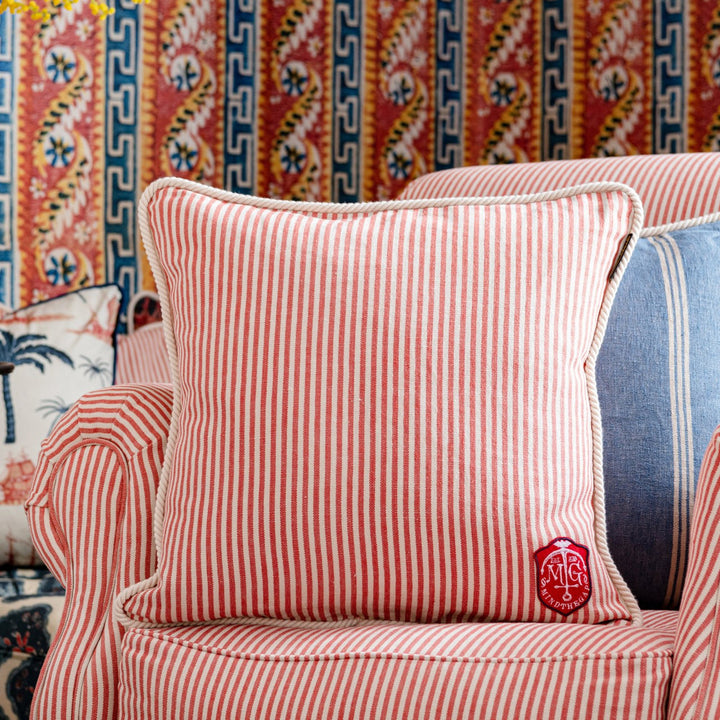 Mind The Gap Pillows RHUBARB Stripe Cushion (LC40117) | LC40117 | SUNDANCE VILLA | 20 x 20 in | Red, White | Fabric Carolina | https://www.fabriccarolina.com/