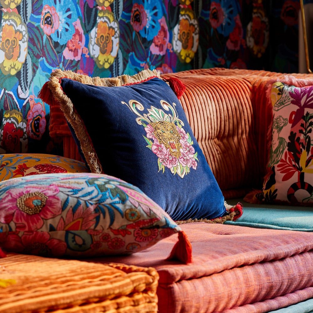 Roarrr Embroidered Velvet Cushion by Mind the Gap Designer Pillow LA DOLCE VITA 100% Cotton velvet Made in Turkey Large embroidery, tassels, fringes all around 20 x 20 in - Swanky Fabrics -