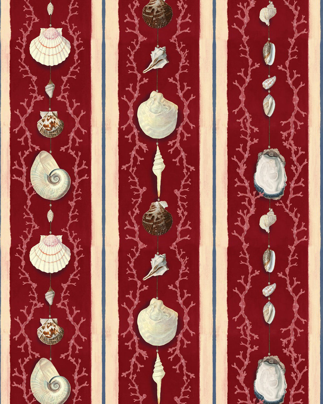 COQUILLAGE Samba Red Wallpaper (WP20573) by Mind The Gap | WP20573 | SUNDANCE VILLA | 3 rolls x 52x300 cm / 20.5x118.1 in | 0.52m / 20.5in | 3m / 118in | 4.65sqm / 50sq ft | 100cm / 39.3in | Blue, White, Red | Non-woven Textured | Paste the wall | 3-rolls in a box | Fabric Carolina | https://www.fabriccarolina.com/