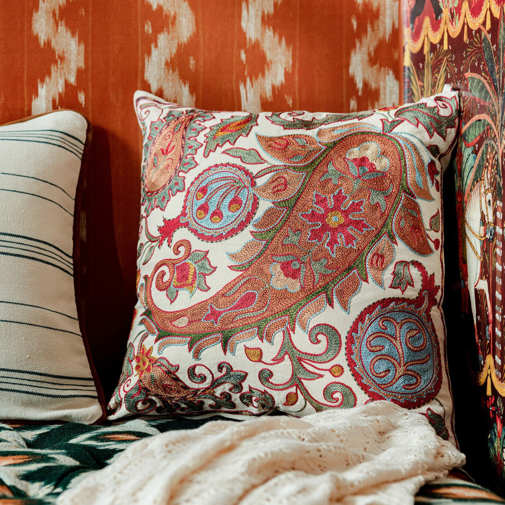 Samarkand Suzani Silk Embroidered Cushion by Mind the Gap Designer Pillow WOODSTOCK '69 LIFESTYLE COLLECTION 100% Cotton Made in Uzbekistan Silk embroidered 18 x 18 in - Swanky Fabrics -