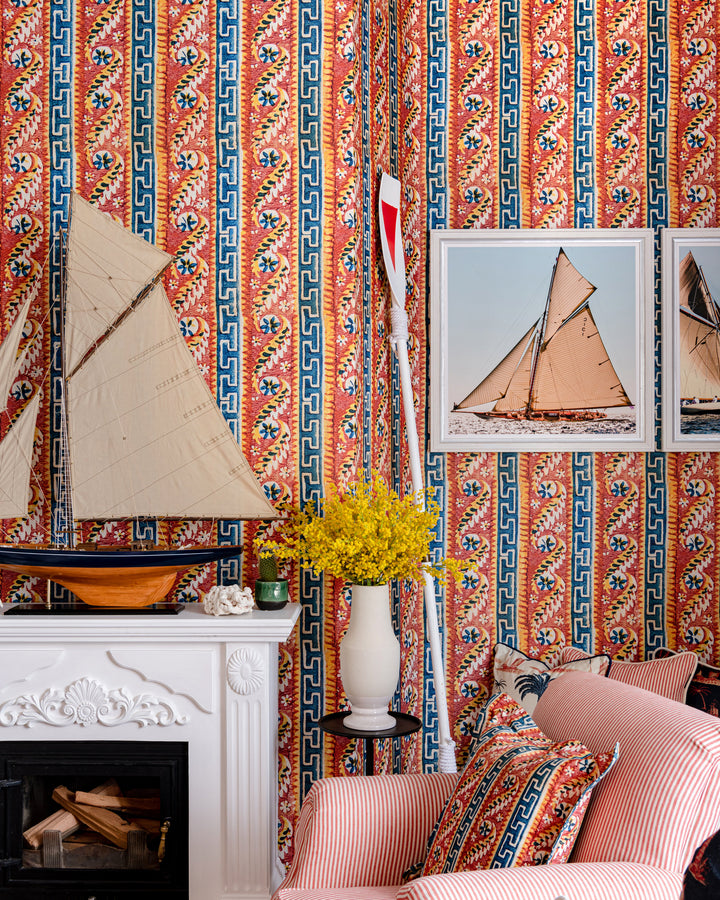 SAMOTHRAKI Wallpaper (WP20571) by Mind The Gap | WP20571 | SUNDANCE VILLA | 3 rolls x 52x300 cm / 20.5x118.1 in | 0.52m / 20.5in | 3m / 118in | 4.65sqm / 50sq ft | 52cm / 20.5in | Blue, Yellow, Beige, Orange | Non-woven Textured | Paste the wall | 3-rolls in a box | Fabric Carolina | https://www.fabriccarolina.com/