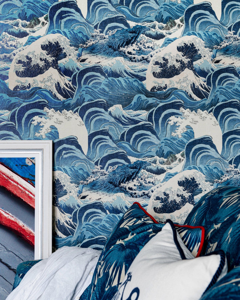Sea Waves Light Blue Wallpaper by Mind the Gap Designer Wallpaper SUNDANCE VILLA Satin Matte Made in Europe Paste the wall 1 roll x 20.5 x 10.9 yards - Swanky Fabrics -