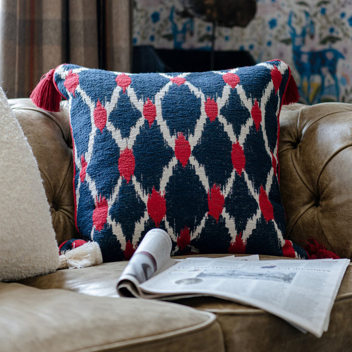 Seebensee Cushion by Mind the Gap Designer Pillow TYROL APRES-SKI HOME COLLECTION 90% Cotton, 10% Polyamide Made in Romania Piped edge and tasseled corners 20 x 20 in - Swanky Fabrics -