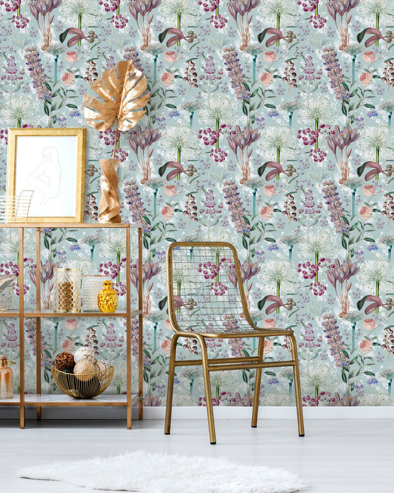 Garden Of Eden Aquamarine Wallpaper by Mind the Gap Designer Wallpaper THE WALLPAPER COLLECTABLES Textured Matte Made in Europe Paste the wall 3 rolls x 20.5 x 3.25 yards - Swanky Fabrics -