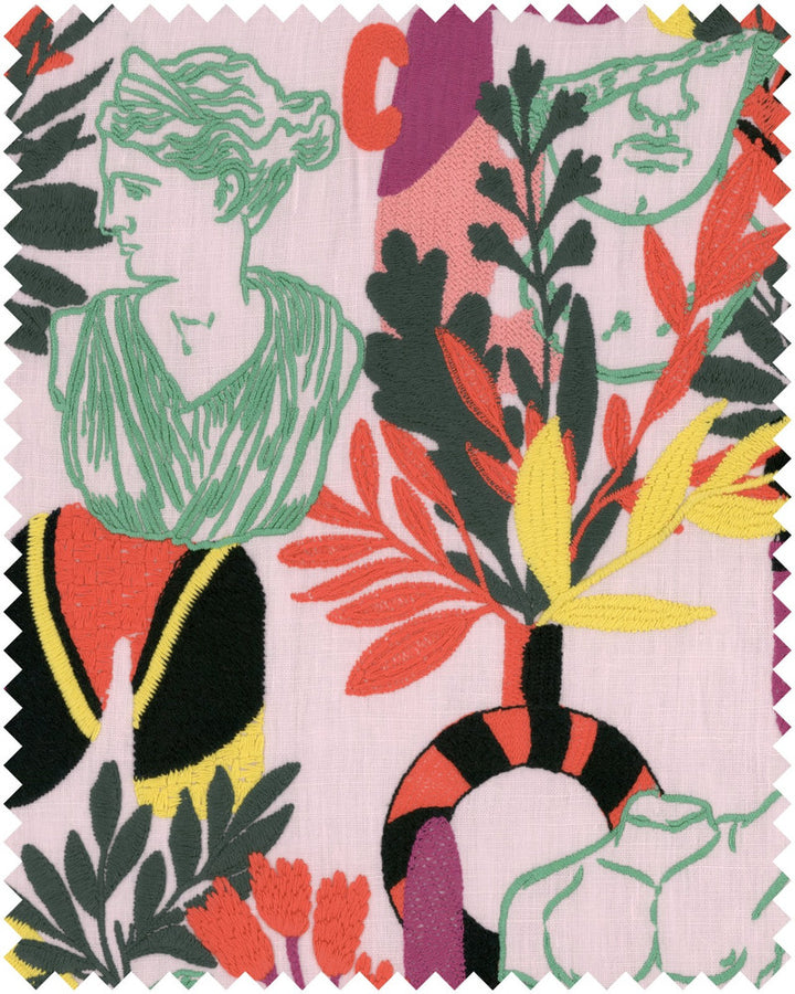 Mind The Gap Fabric STATUARIO Pink Embroidered Fabric (FB00147) | FB00147 | LA DOLCE VITA | Green, Pink, Red, Yellow | Fabric Carolina | https://www.fabriccarolina.com/