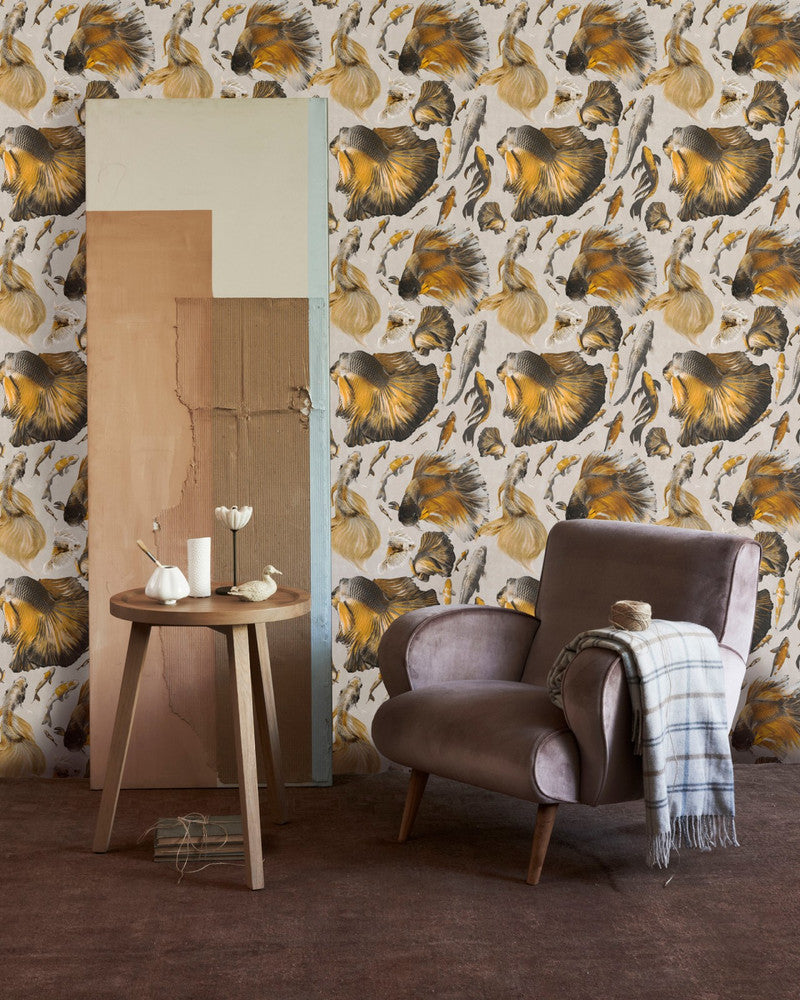 Goldfish Ivory Wallpaper by Mind the Gap Designer Wallpaper THE WALLPAPER COLLECTABLES Textured Matte Made in Europe Paste the wall 3 rolls x 20.5 x 3.25 yards - Swanky Fabrics -