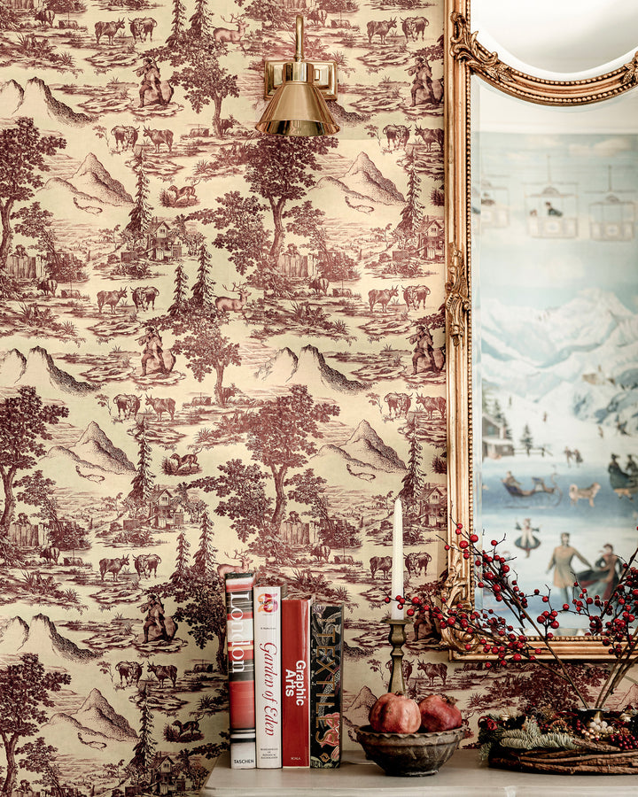 TOILE DU TYROL Burgundy Wallpaper (WP30147) by Mind The Gap | WP30147 | TYROL APRES-SKI | 1 roll x 52x1000 cm / 20.5x393.7 in | 0.52m / 20.5in | 10m / 393.7in | 5.20sqm / 55.9sq ft | 52cm / 20.5in | Taupe, Brown | Non-woven Satin | Paste the wall | 1-roll in a box | Fabric Carolina | https://www.fabriccarolina.com/
