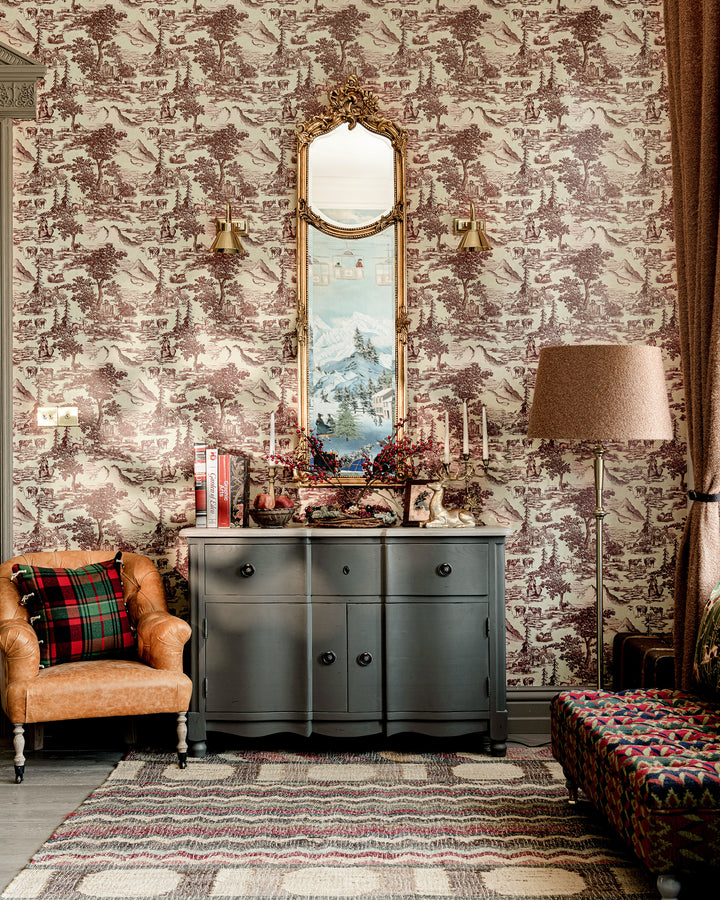 TOILE DU TYROL Burgundy Wallpaper (WP30147) by Mind The Gap | WP30147 | TYROL APRES-SKI | 1 roll x 52x1000 cm / 20.5x393.7 in | 0.52m / 20.5in | 10m / 393.7in | 5.20sqm / 55.9sq ft | 52cm / 20.5in | Taupe, Brown | Non-woven Satin | Paste the wall | 1-roll in a box | Fabric Carolina | https://www.fabriccarolina.com/