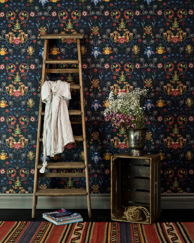 Transylvania Folk In Blue Wallpaper by Mind the Gap Designer Wallpaper THE WALLPAPER COLLECTABLES Textured Matte Made in Europe Paste the wall 3 rolls x 20.5 x 3.25 yards - Swanky Fabrics -