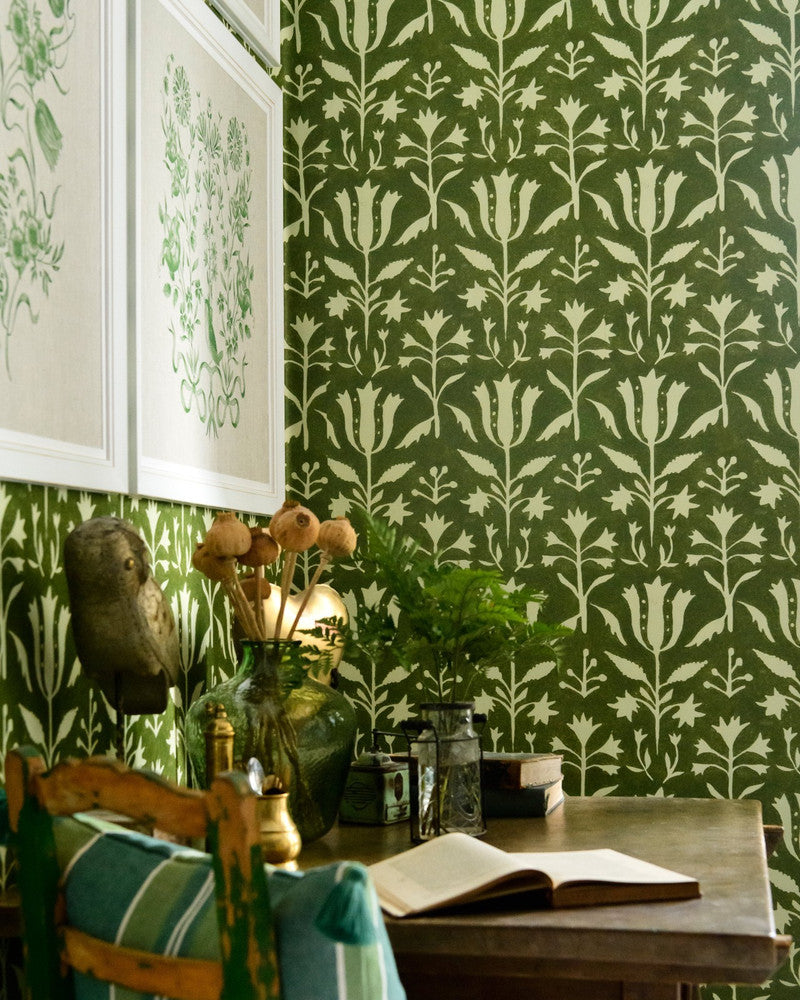 Tulipan Herbal Wallpaper by Mind the Gap Designer Wallpaper TRANSYLVANIAN ROOTS Satin Matte Made in Europe Paste the wall 1 roll x 20.5 x 10.9 yards - Swanky Fabrics -