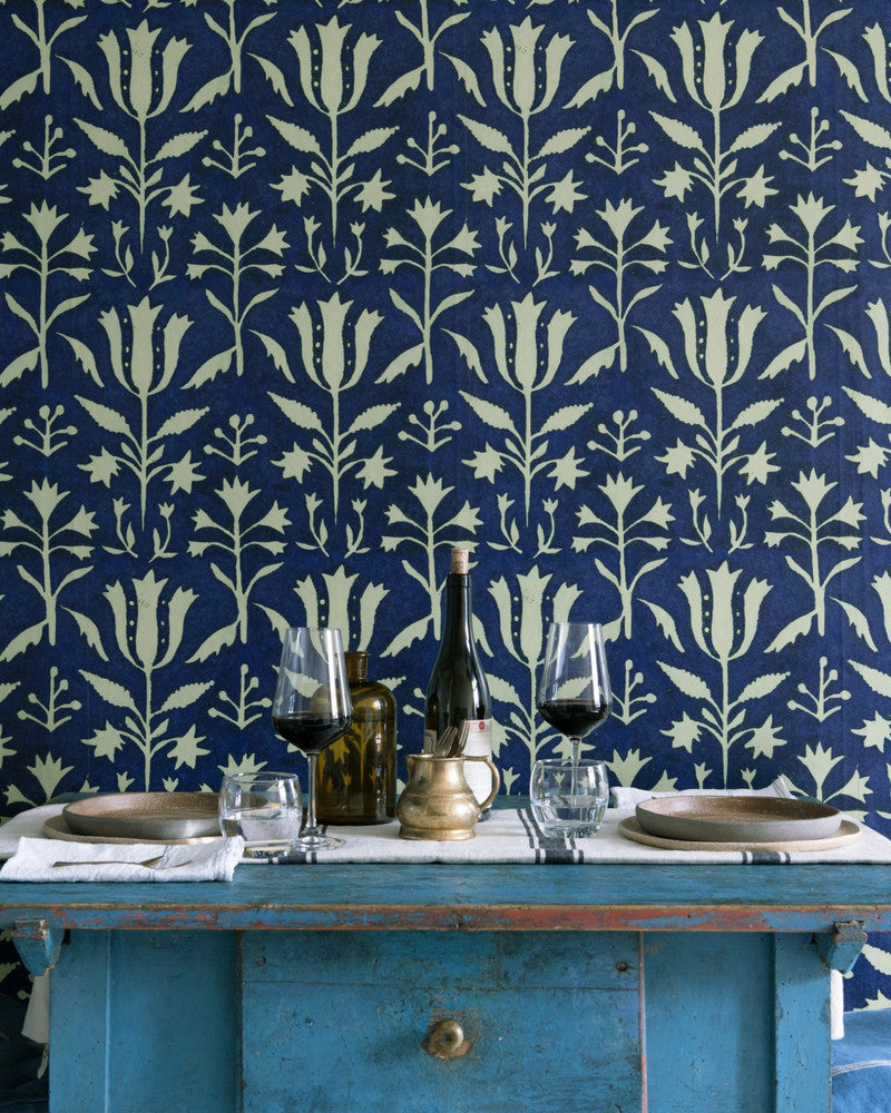 Tulipan Indigo Wallpaper by Mind the Gap Designer Wallpaper TRANSYLVANIAN ROOTS Satin Matte Made in Europe Paste the wall 1 roll x 20.5 x 10.9 yards - Swanky Fabrics -
