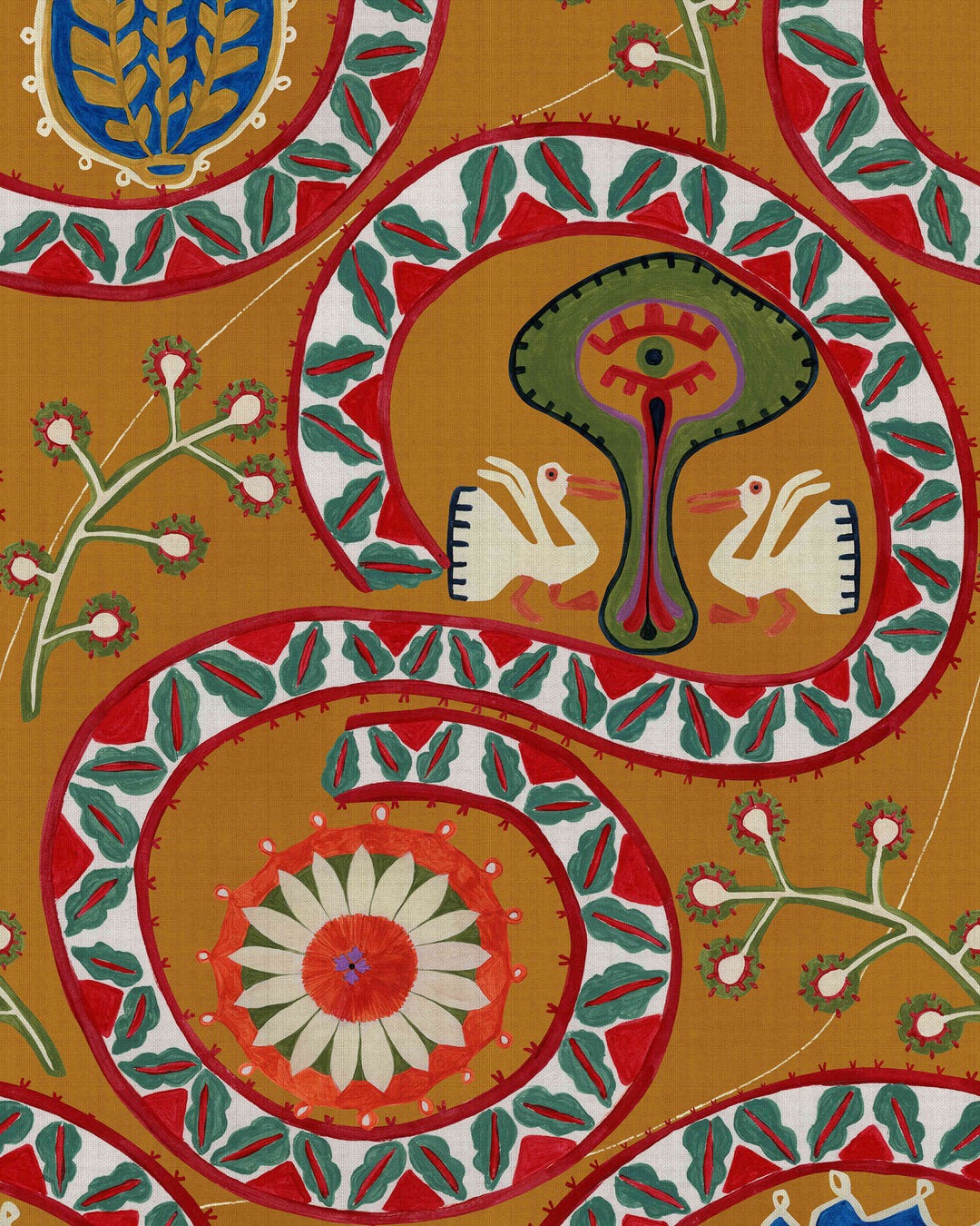 TWO STORKS Ochre Wallpaper (WP20901) by Mind The Gap | WP20901 | TRANSYLVANIAN RHAPSODY | 1 roll x 52 x 900 cm / 20.47 x 354.33 in | 0.52m / 20.5in | 9m / 354in | 4.68sqm / 50sq ft | 100cm / 39.3in | Blue, Green, Red, Ochre | Non-woven Textured | Paste the wall | 1 roll in a box | Fabric Carolina | https://www.fabriccarolina.com/