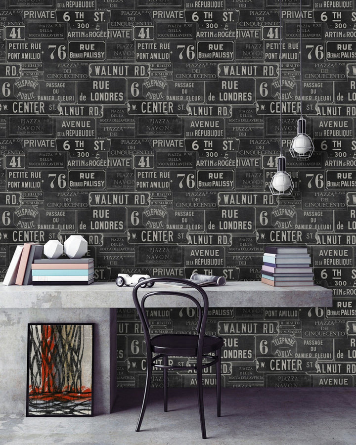 Mind The Gap Wallpaper VINTAGE SIGNS Anthracite Premium Wallpaper (WP20037) | WP20037 | WALLPAPER DESIGNER COLLECTION | 3 rolls x 20.5 x 118.1 in | 0.52m / 20.5in | 3m / 118in | 4.65mp | 52cm / 20.5in | Anthracite, Black, White | Non-woven | Paste the wall | 3-rolls in a box | Fabric Carolina | https://www.fabriccarolina.com/