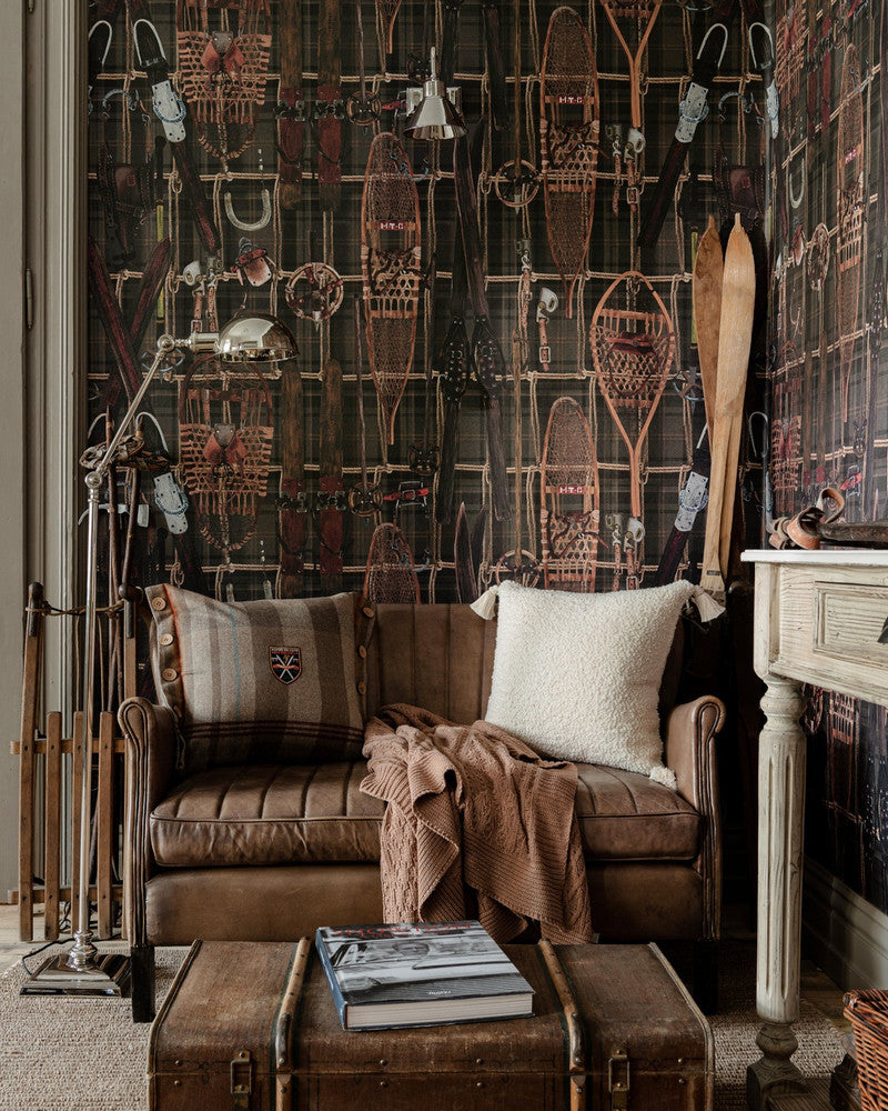 Vintage Skiing Wallpaper by Mind the Gap Designer Wallpaper TYROL APRES-SKI HOME COLLECTION Textured Matte Made in Europe Paste the wall 3 rolls x 20.5 x 3.25 yards - Swanky Fabrics -