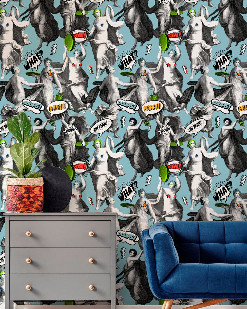 Watch Out! Blue Wallpaper by Mind the Gap Designer Wallpaper THE WALLPAPER COLLECTABLES Satin Matte Made in Europe Paste the wall 3 rolls x 20.5 x 3.25 yards - Swanky Fabrics -