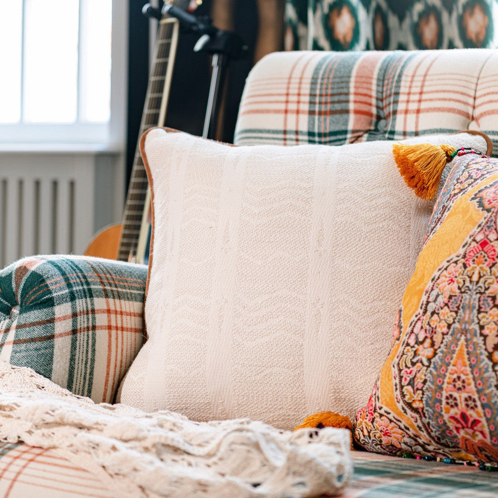 White Lake Jacquard Cushion by Mind the Gap Designer Pillow WOODSTOCK '69 LIFESTYLE COLLECTION 61% Jute, 30% Cotton, 9% Polyamide Made in Romania Leather piped edge 20 x 20 in - Swanky Fabrics -