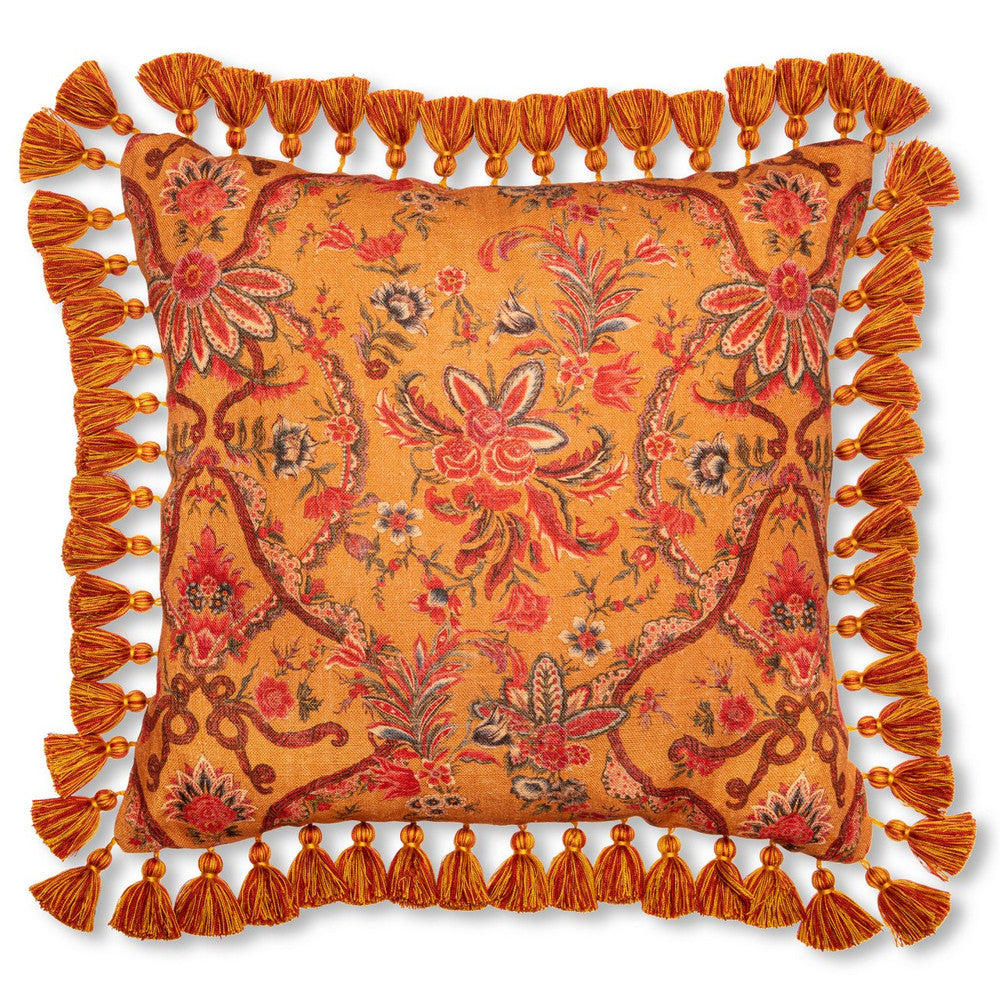Woodstock Cushion by Mind the Gap Designer Pillow WOODSTOCK '69 LIFESTYLE COLLECTION 100% Linen, printed and stonewashed Made in Romania Matching tassels all around the cushion 20 x 20 in - Swanky Fabrics -