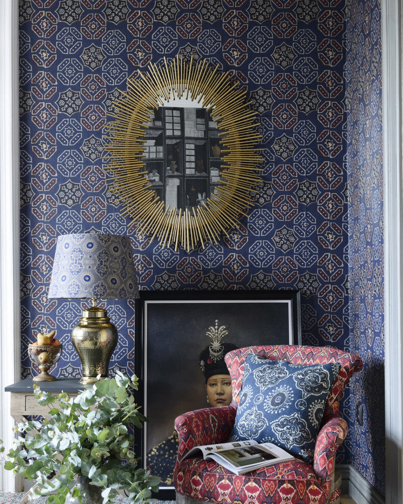Mind The Gap Wallpaper AJRAK Blue (WP20412) | WP20412 | THE WALLPAPER COMPENDIUM 1 | 3 rolls x 20.5 x 118.1 in | 0.52m / 20.5in | 3m / 118in | 4.65mp | 50cm / 19.6in | Blue, Red, White | Textured Matte | Paste the wall | 3-rolls in a box | Fabric Carolina | https://www.fabriccarolina.com/