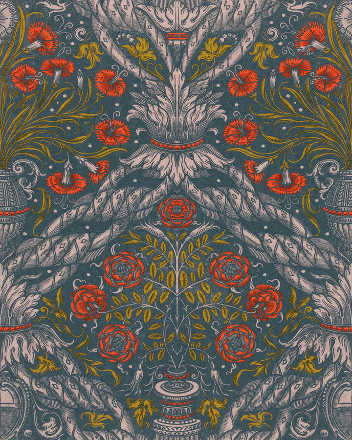 Floral Ornament Scarlet Wallpaper by Mind the Gap Designer Wallpaper THE WALLPAPER COMPENDIUM 1 Non-woven Made in Europe Paste the wall 3 rolls x 20.5 x 3.25 yards - Swanky Fabrics -