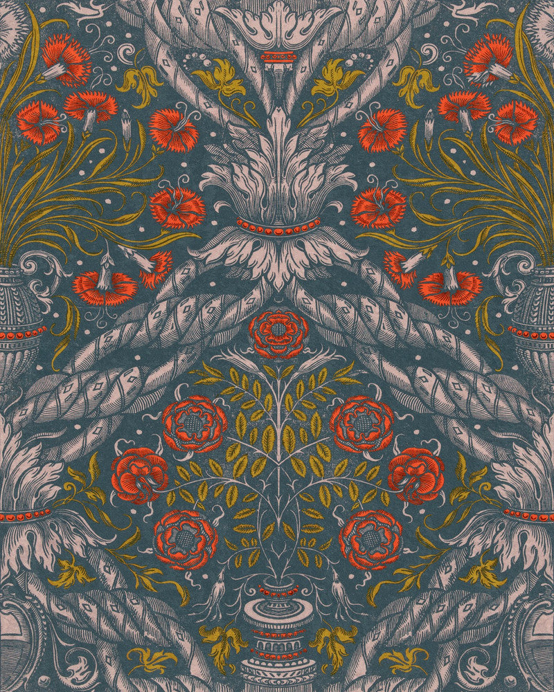 Floral Ornament Scarlet Wallpaper by Mind the Gap Designer Wallpaper THE WALLPAPER COMPENDIUM 1 Non-woven Made in Europe Paste the wall 3 rolls x 20.5 x 3.25 yards - Swanky Fabrics -