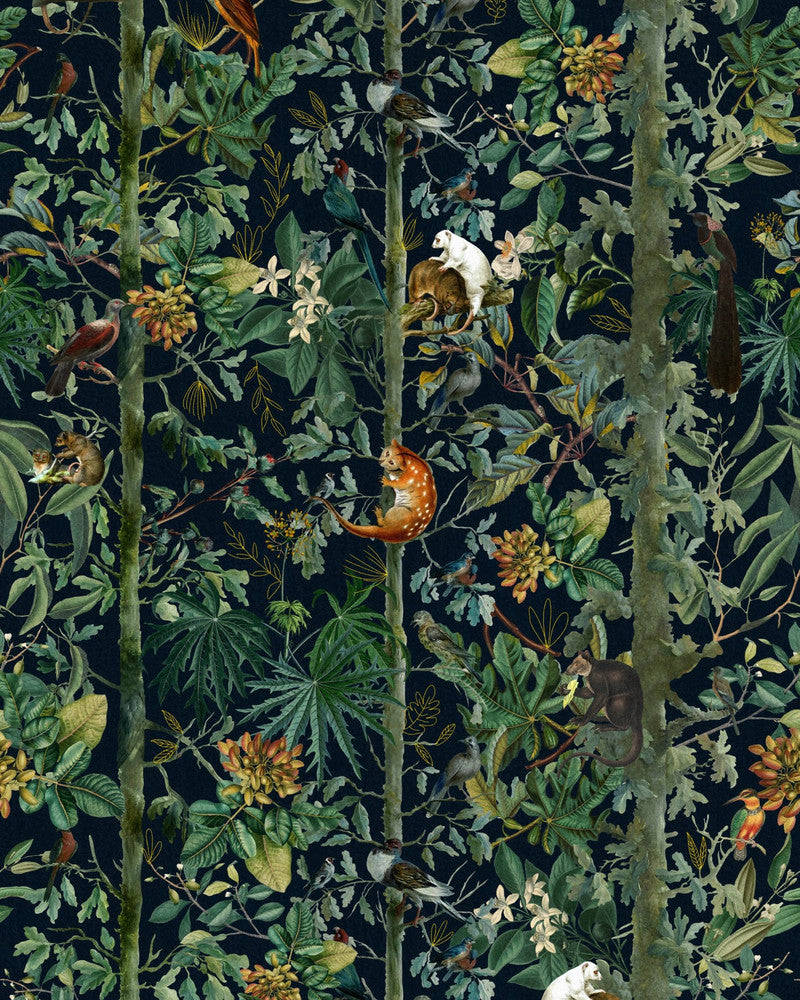 Wildlife Of Papua Dark Wallpaper by Mind the Gap Designer Wallpaper THE WALLPAPER COMPENDIUM 1 Non-woven Made in Europe Paste the wall 3 rolls x 20.5 x 3.25 yards - Swanky Fabrics -