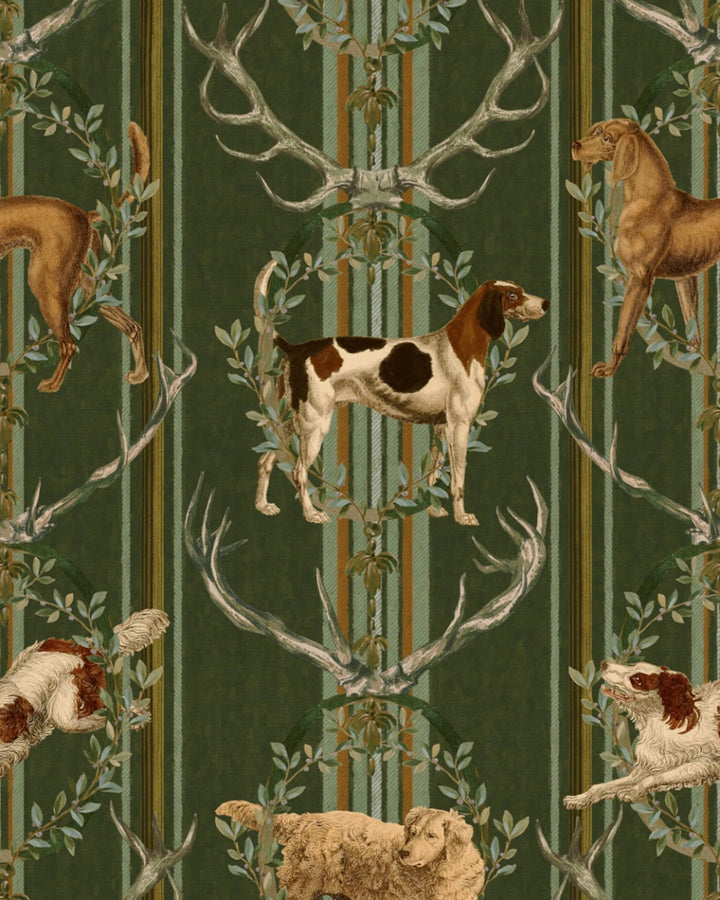 MOUNTAIN DOGS Cypress Green Wallpaper (WP20675) by Mind The Gap | WP20675 | TYROL APRES-SKI | 3 rolls x 52x300 cm / 20.5x118.1 in | 0.52m / 20.5in | 3m / 118in | 4.65sqm / 50sq ft | 105cm / 41.3in | Taupe, Green, Yellow, Brown | Non-woven Textured | Paste the wall | 3-rolls in a box | Fabric Carolina | https://www.fabriccarolina.com/