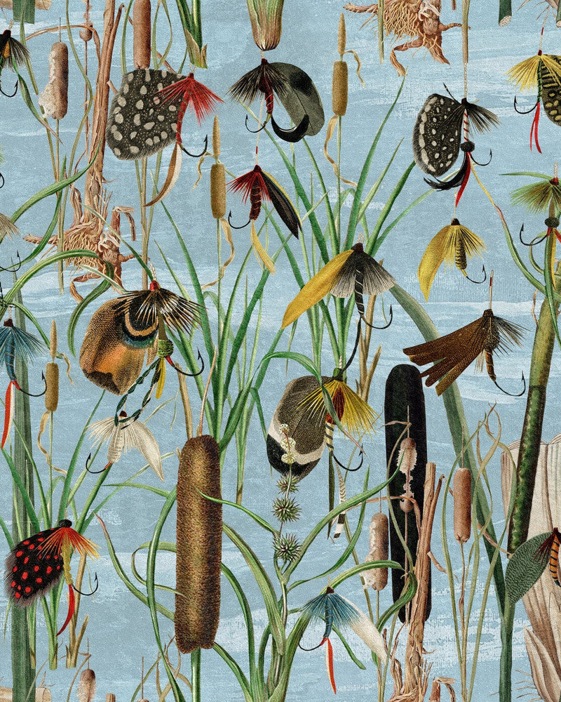 Fishing Flies Aquamarine Wallpaper by Mind the Gap Designer Wallpaper THE WETLANDS Non-woven Made in Europe Paste the wall 1 roll x 20.47 x 9.8 yards - Swanky Fabrics -