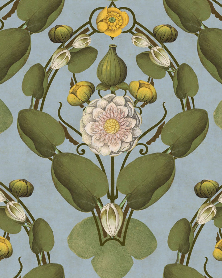 Nymphaea Powder Blue Wallpaper by Mind the Gap Designer Wallpaper THE WETLANDS Non-woven Made in Europe Paste the wall 1 roll x 20.47 x 9.8 yards - Swanky Fabrics -