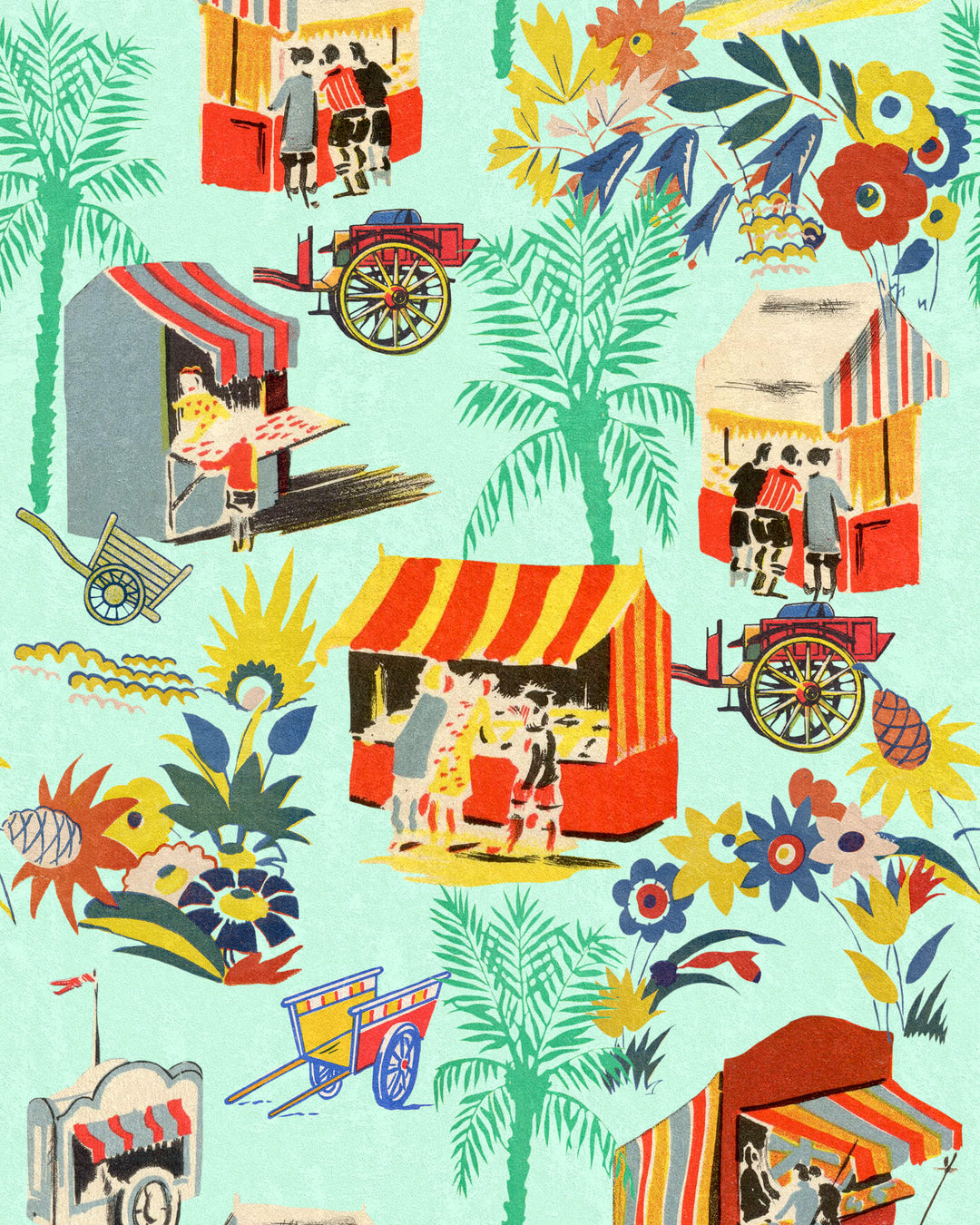 CARRETTO DEL CIBO Azzurro Wallpaper (WP20834) by Mind The Gap | WP20834 | LA DOLCE VITA | 1 roll x 52x900 cm / 20.47x354.33in | 0.52m / 20.5in | 9m / 354in | 4.68sqm / 50sq ft | 70cm / 27.5in | Blue, Green, Yellow, Orange, Red, Turquoise, Cream | Non-woven Textured | Paste the wall | 1-roll in a box | Fabric Carolina | https://www.fabriccarolina.com/