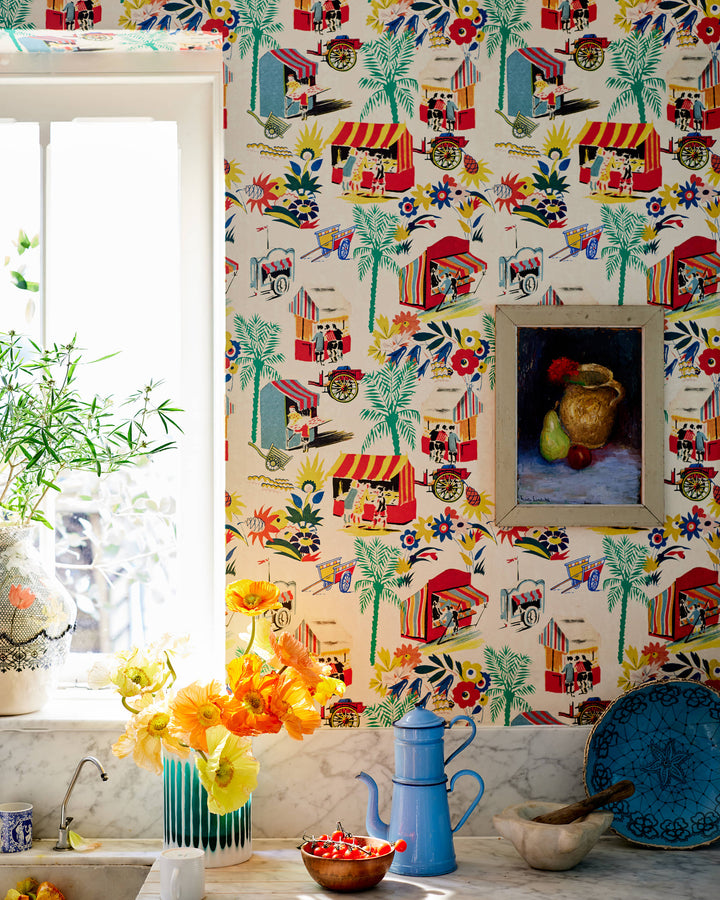 CARRETTO DEL CIBO Azzurro Wallpaper (WP20834) by Mind The Gap | WP20834 | LA DOLCE VITA | 1 roll x 52x900 cm / 20.47x354.33in | 0.52m / 20.5in | 9m / 354in | 4.68sqm / 50sq ft | 70cm / 27.5in | Blue, Green, Yellow, Orange, Red, Turquoise, Cream | Non-woven Textured | Paste the wall | 1-roll in a box | Fabric Carolina | https://www.fabriccarolina.com/