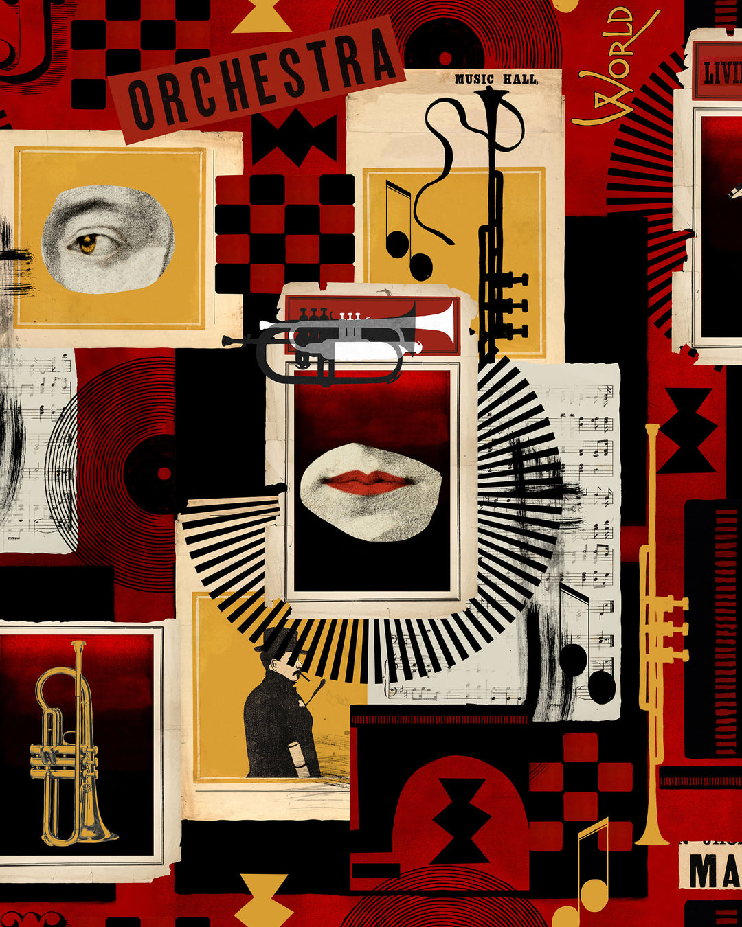 COMPOSER MACHINE Wallpaper (WP20871) by Mind The Gap | WP20871 | JAZZ LIVE | 3 rolls x 52 x 300 cm / 20.5 x 118.1in | 0.52m / 20.5in | 300 cm / 393.7in | 4.68sqm / 50sq ft | 150cm / 59in | Black, Yellow, Grey, Red, Cream | Non-woven Satin | Paste the wall | 3 rolls in a box | Fabric Carolina | https://www.fabriccarolina.com/