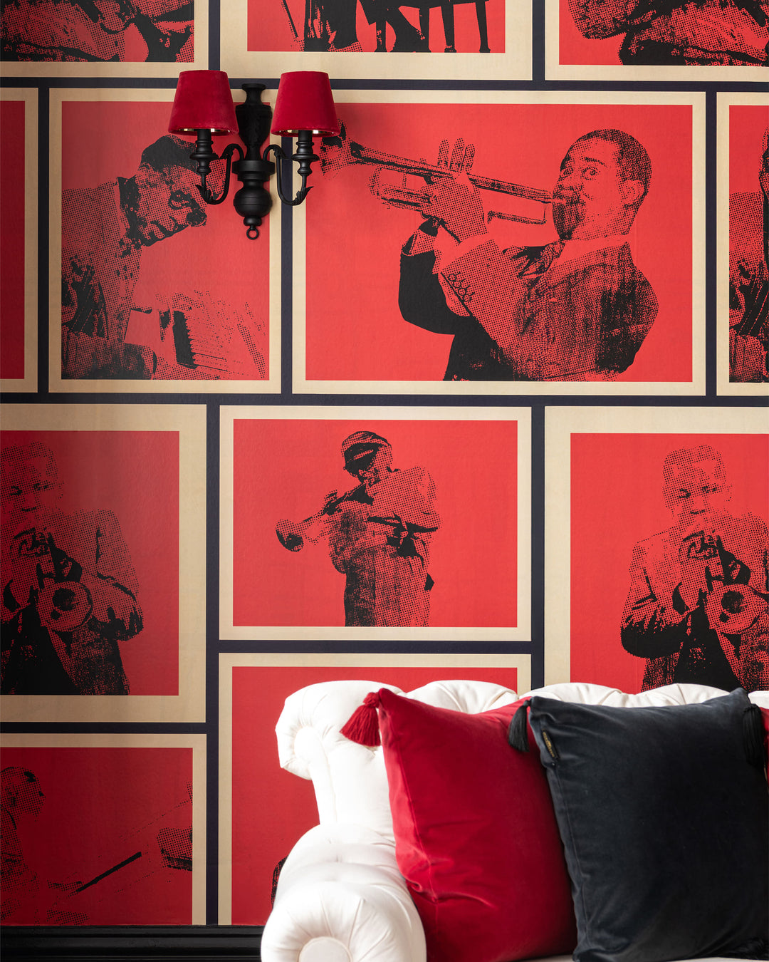 COTTON CLUB Wallpaper (WP20873) by Mind The Gap | WP20873 | JAZZ LIVE | 3 rolls x 52 x 300 cm / 20.5 x 118.1in | 0.52m / 20.5in | 300 cm / 393.7in | 4.68sqm / 50sq ft | 300cm / 118.1in | Black, Red, Cream | Non-woven Satin | Paste the wall | 3 rolls in a box | Fabric Carolina | https://www.fabriccarolina.com/