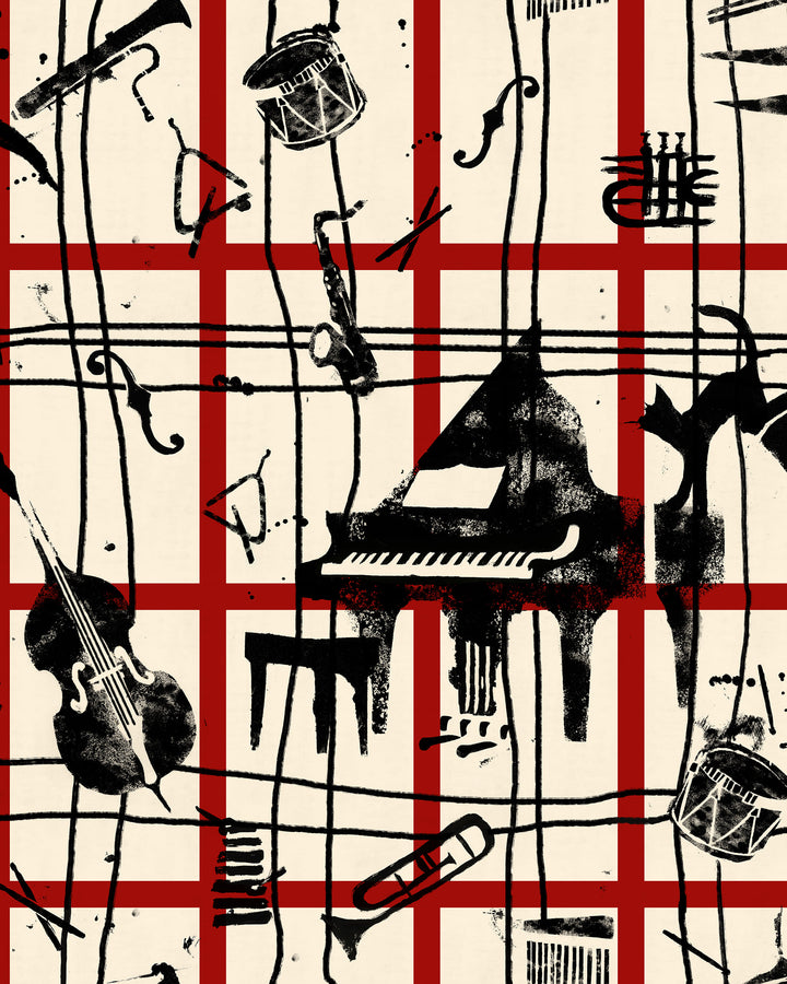 MY FAVOURITE THINGS Wallpaper (WP20874) by Mind The Gap | WP20874 | JAZZ LIVE | 3 rolls x 52 x 300 cm / 20.5 x 118.1in | 0.52m / 20.5in | 300 cm / 393.7in | 4.68sqm / 50sq ft | 150cm / 59in | Black, Beige, Red | Non-woven Satin | Paste the wall | 3 rolls in a box | Fabric Carolina | https://www.fabriccarolina.com/