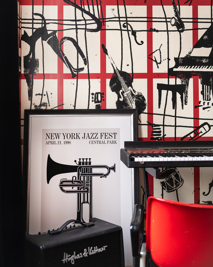 MY FAVOURITE THINGS Wallpaper (WP20874) by Mind The Gap | WP20874 | JAZZ LIVE | 3 rolls x 52 x 300 cm / 20.5 x 118.1in | 0.52m / 20.5in | 300 cm / 393.7in | 4.68sqm / 50sq ft | 150cm / 59in | Black, Beige, Red | Non-woven Satin | Paste the wall | 3 rolls in a box | Fabric Carolina | https://www.fabriccarolina.com/