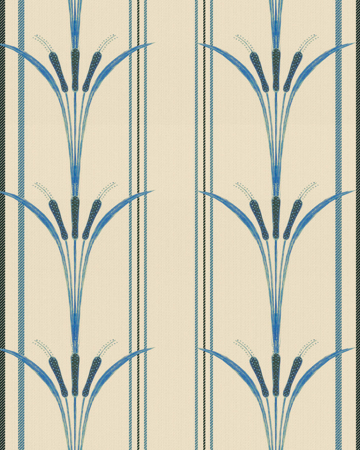 DANUBE STRIPE Blue Wallpaper (WP30156) by Mind The Gap | WP30156 | THE WETLANDS | 1 roll x 52 x 1000 cm / 20.5x393.7 in | 0.52m / 20.5in | 10m / 393.7in | 5.20sqm / 55.9sq ft | 52cm / 20.5in | Taupe, Black, Blue | Non-woven Satin | Paste the wall | 1 roll in a box | Fabric Carolina | https://www.fabriccarolina.com/