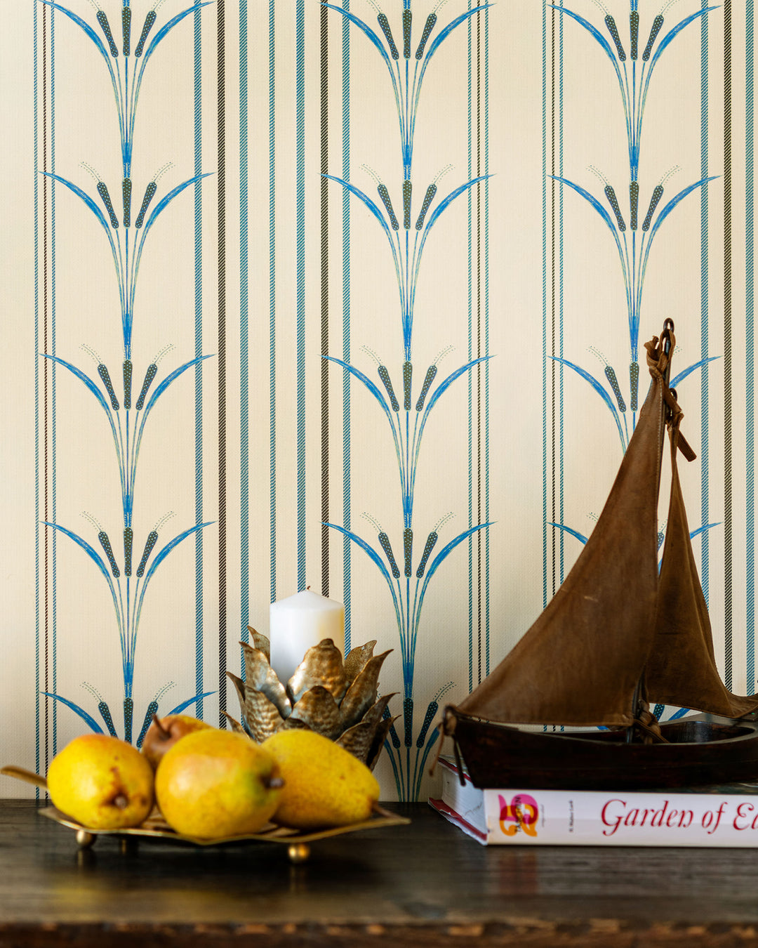 DANUBE STRIPE Blue Wallpaper (WP30156) by Mind The Gap | WP30156 | THE WETLANDS | 1 roll x 52 x 1000 cm / 20.5x393.7 in | 0.52m / 20.5in | 10m / 393.7in | 5.20sqm / 55.9sq ft | 52cm / 20.5in | Taupe, Black, Blue | Non-woven Satin | Paste the wall | 1 roll in a box | Fabric Carolina | https://www.fabriccarolina.com/