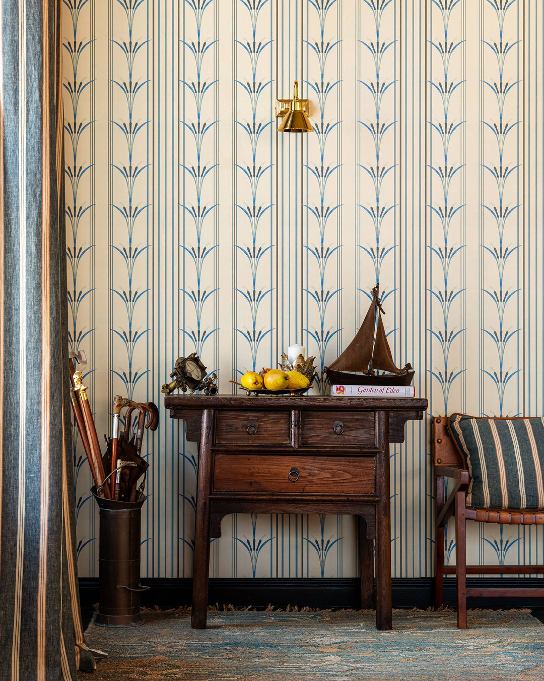 DANUBE STRIPE Blue Wallpaper (WP30156) by Mind The Gap | WP30156 | THE WETLANDS | 1 roll x 52 x 1000 cm / 20.5x393.7 in | 0.52m / 20.5in | 10m / 393.7in | 5.20sqm / 55.9sq ft | 52cm / 20.5in | Taupe, Black, Blue | Non-woven Satin | Paste the wall | 1 roll in a box | Fabric Carolina | https://www.fabriccarolina.com/