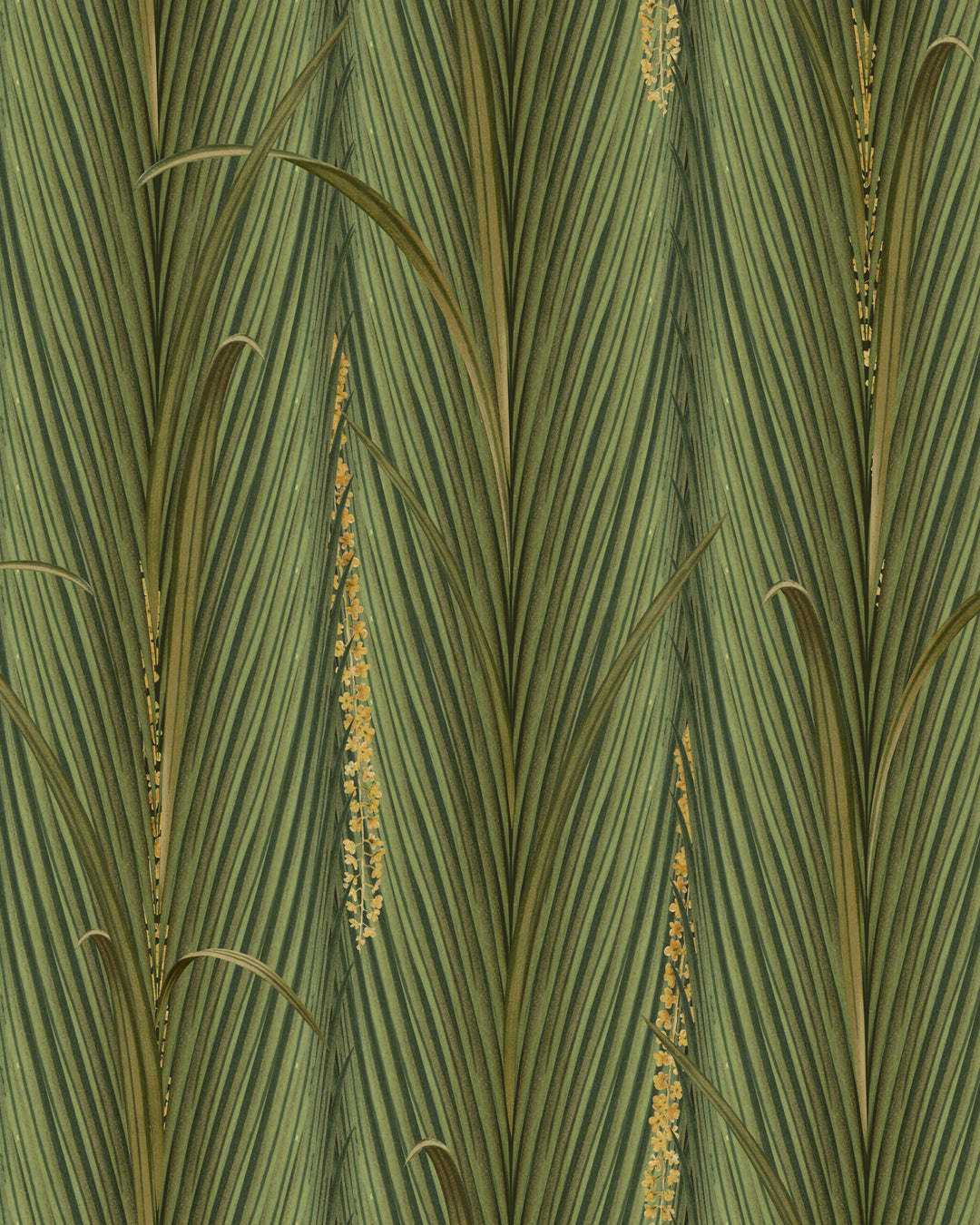 DANUBE FOLIAGE Peridot Wallpaper (WP30218) by Mind The Gap | WP30218 | THE WETLANDS | 1 roll x 52 x 1000 cm / 20.5x393.7 in | 0.52m / 20.5in | 10m / 393.7in | 5.20sqm / 55.9sq ft | 60cm / 23.6in | Green, Ochre | Non-woven Satin | Paste the wall | 1 roll in a box | Fabric Carolina | https://www.fabriccarolina.com/